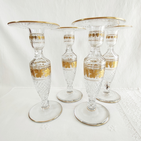 Val St Lambert Candlestick Holder, Cut Crystal 1940-50s Belgian Glass Gold Gilt - Picture 9 of 11